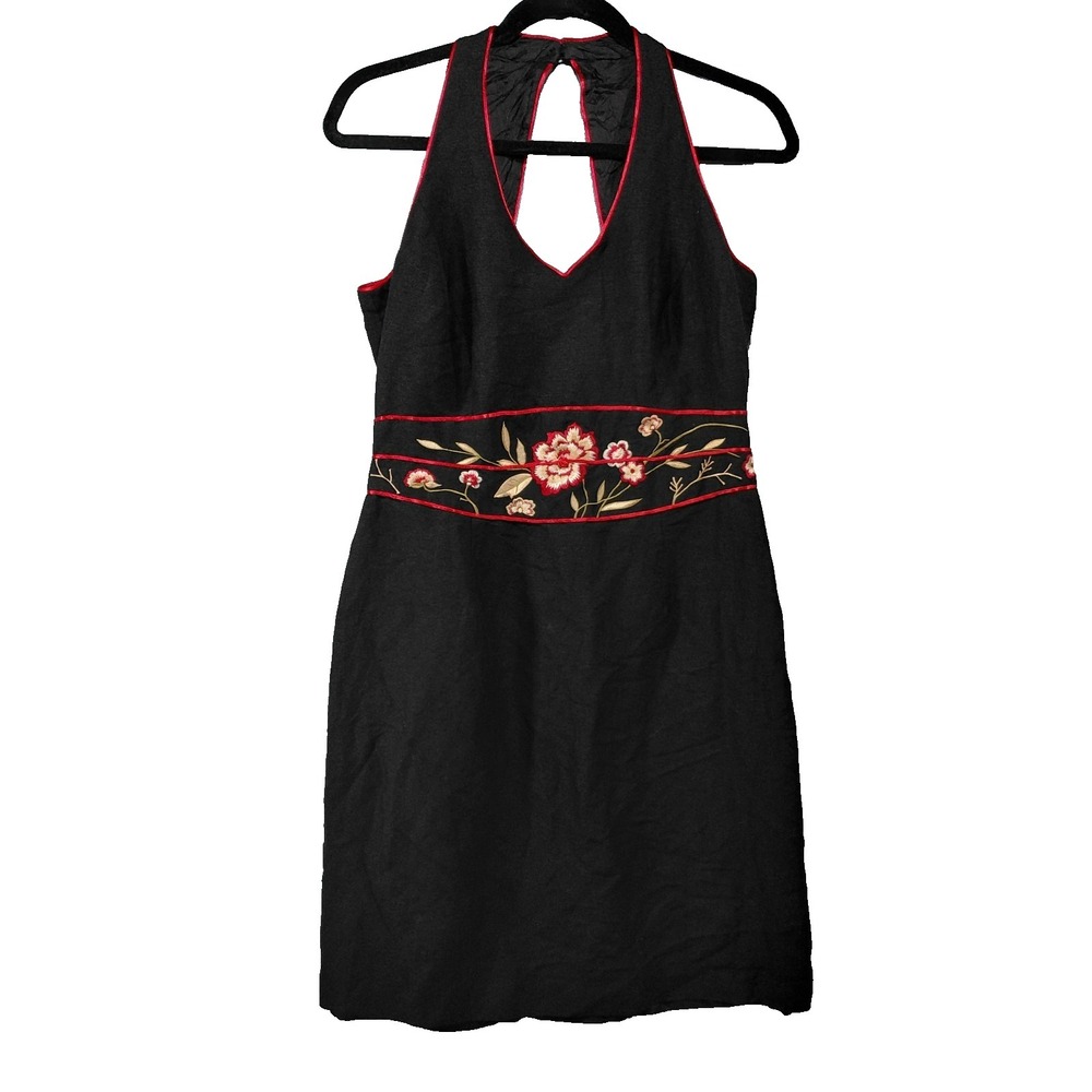 Yves Cossette‎ Depeche Mode Linen Blend Floral Embroidered Dress 10 Halter Neck